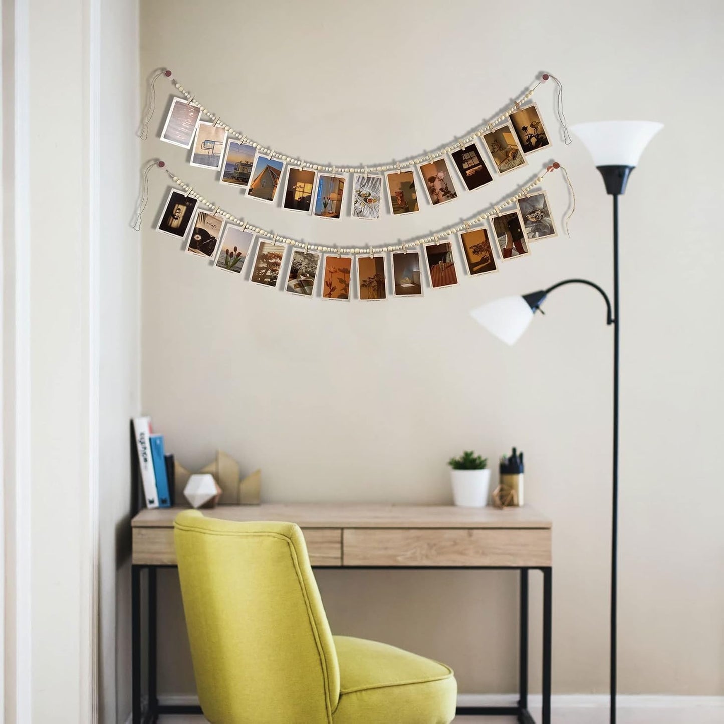 Hanging Photo Display With 12 Clips, Wooden Bead Garland 2PCS, Boho Style Collage Photo Frame Decoration for Dorms, Classrooms, Bedrooms