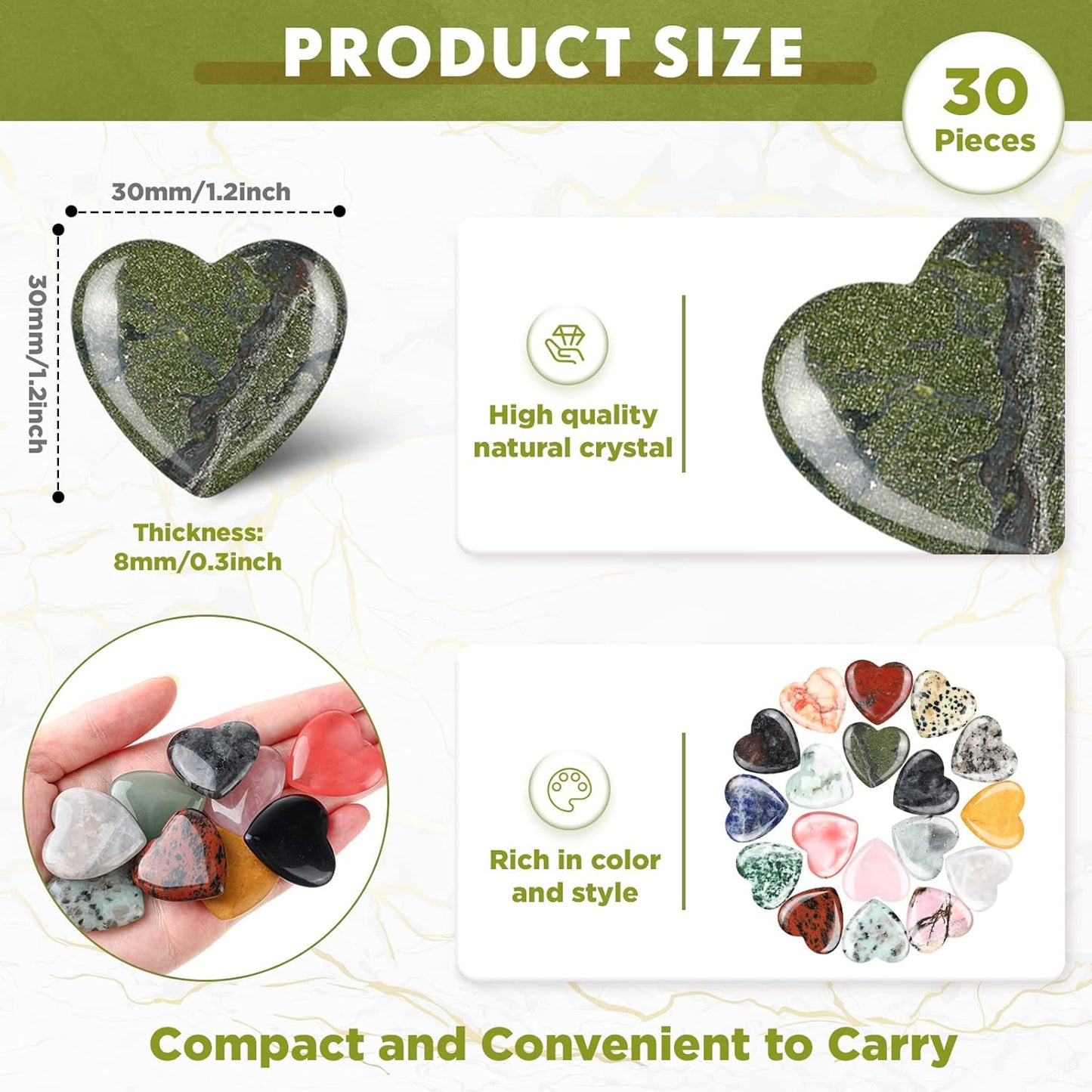 Nuenen 30 Pcs Heart Shape Crystals Bulk 1.2 Inch Gemstone Heart Worry Stone Love Rocks Quartz Wholesale Love Pocket Palm for Christmas Stress Relief Witchcraft Women Gift (Classic Color)