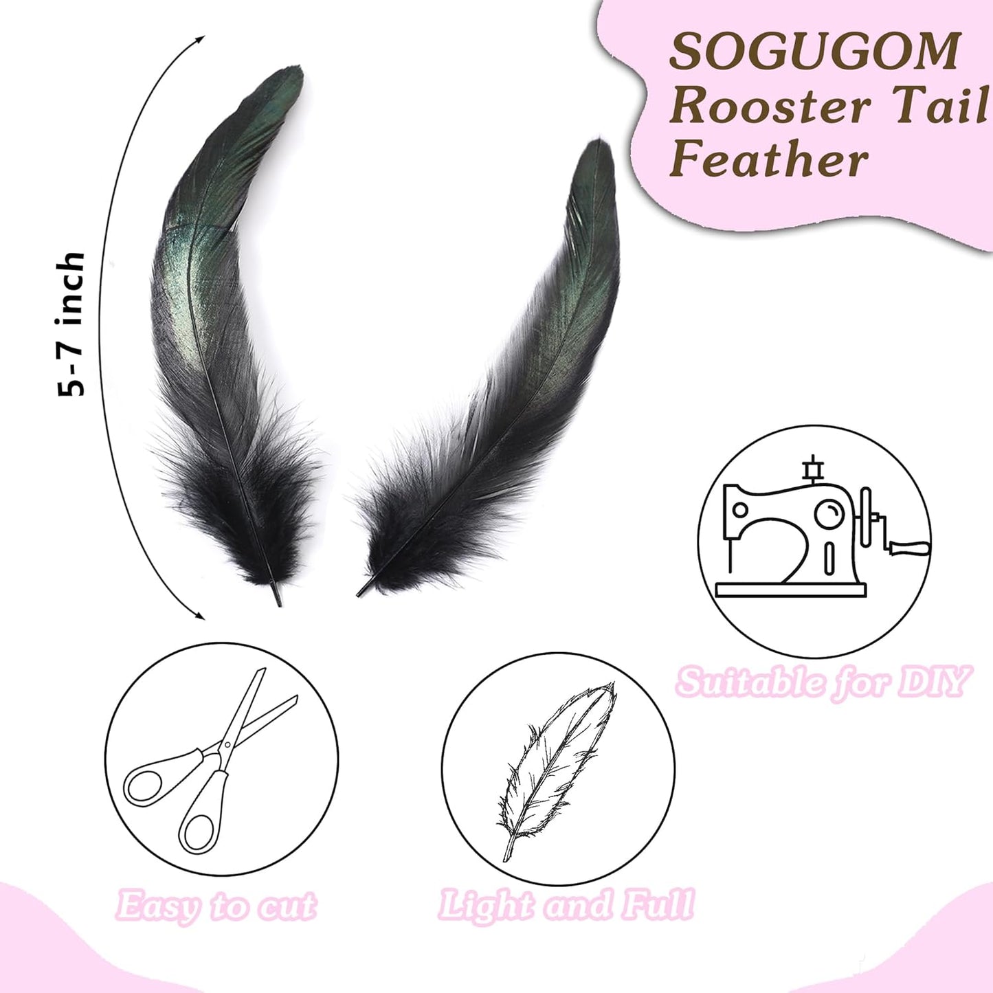 SOGUGOM Pink Rooster Tail Feathers - 200 pcs 5-7 inch Natural Small Feathers Bulk for Craft Projects, Hats, Costume and Party(Light Pink)