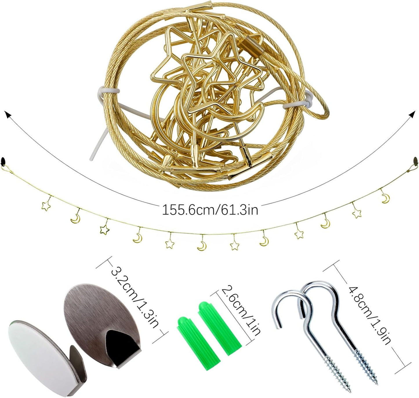 2 Pack Chain Photo Clip Hanging Photo Display Wall Photo Display Metal Photo String with 12 Clips Wall-Mounted Picture Holder for Hanging Painting Family Photos Artworks(Gold-Star and Moon)