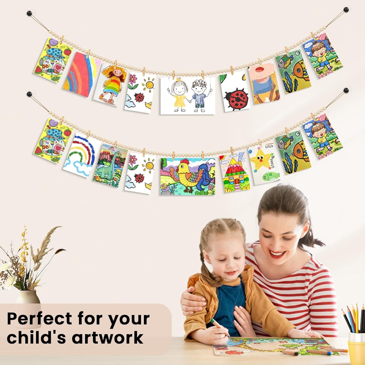 2Pcs Hanging Photo Display with Clips, Boho Wooden Bead Garland Collage Picture Frame Wall Decor, Photo String with 10 Clips for Bedroom Room Dorm Cubicle Decor, Christmas Teen Girls Gifts