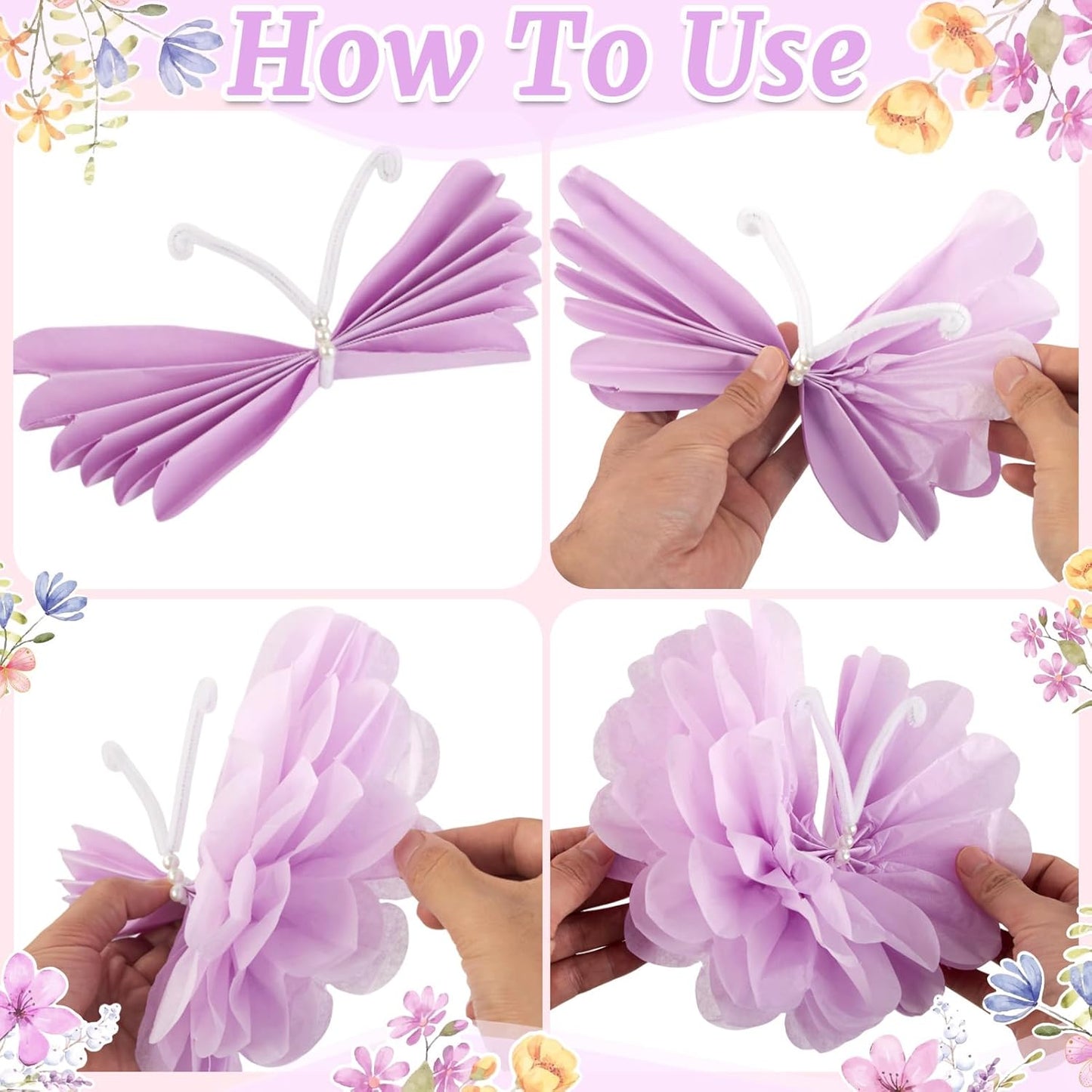 12PCS Butterfly Tissue Paper Pom Poms, 3D Butterfly Birthday Party Decorations, Khaki Pink Purple Butterfly Hanging Decorations for Girls Wedding Baby Shower Decor