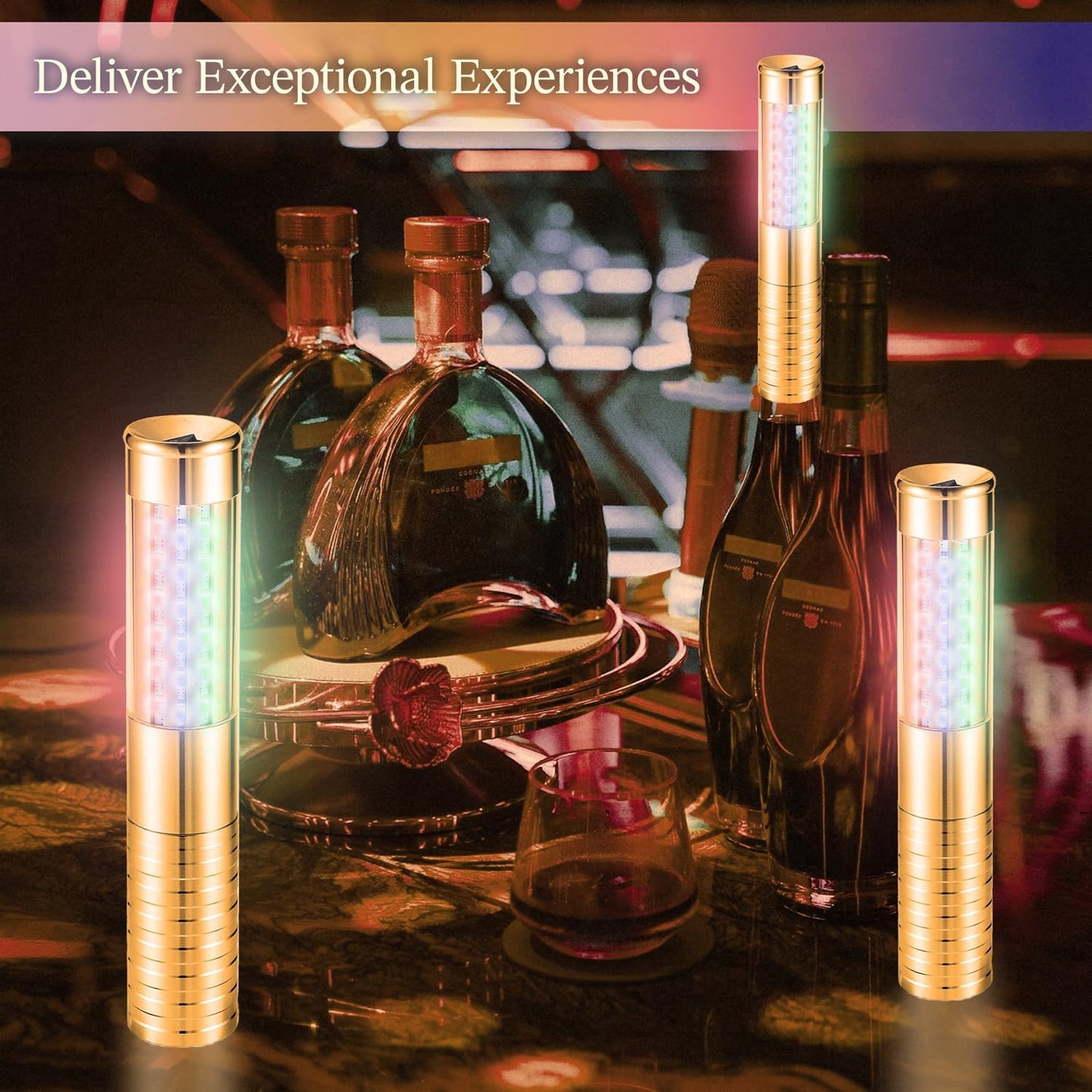 4 Packs Rechargeable LED Strobe Baton Lights Reusable Bottle Service Lights for Liquor Bottles Handheld Service Sparklers for Club Weddings Concert Outdoor Events (Gold-Colered Light, 4)