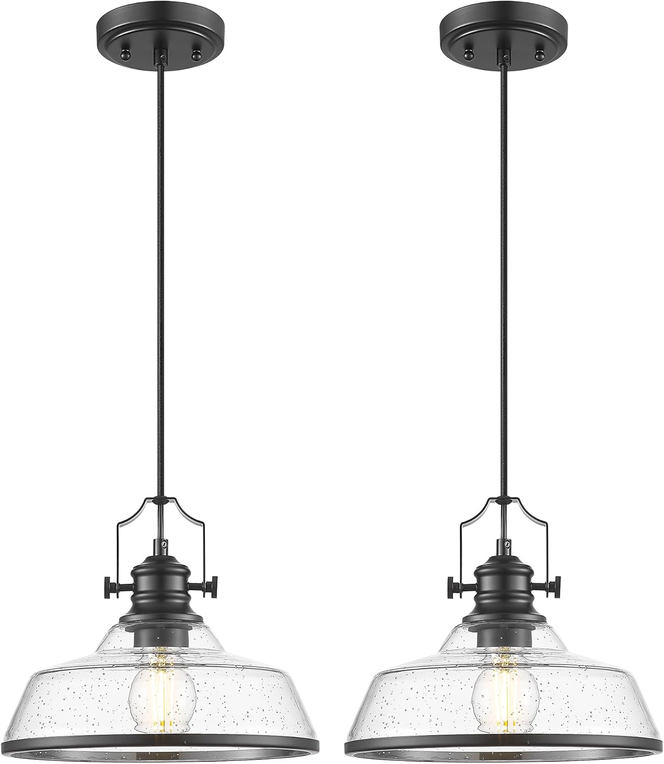 kudos 2 Pack Pendant Lights Kitchen Island, 11" Black Kitchen Island Lighting with Seeded Glass Shade, Farmhouse Large Hanging Light Fixture for Kitchen Sink Dining Room, KDPL13-BK-S-2PK