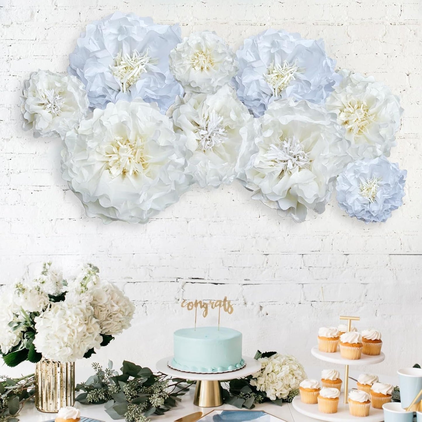 White Paper Flower Pom Poms Wall Decorations for Birthdays, Bridal, Baby Showers, Weddings, Outdoor Decor, Tea Parties, Engagement
