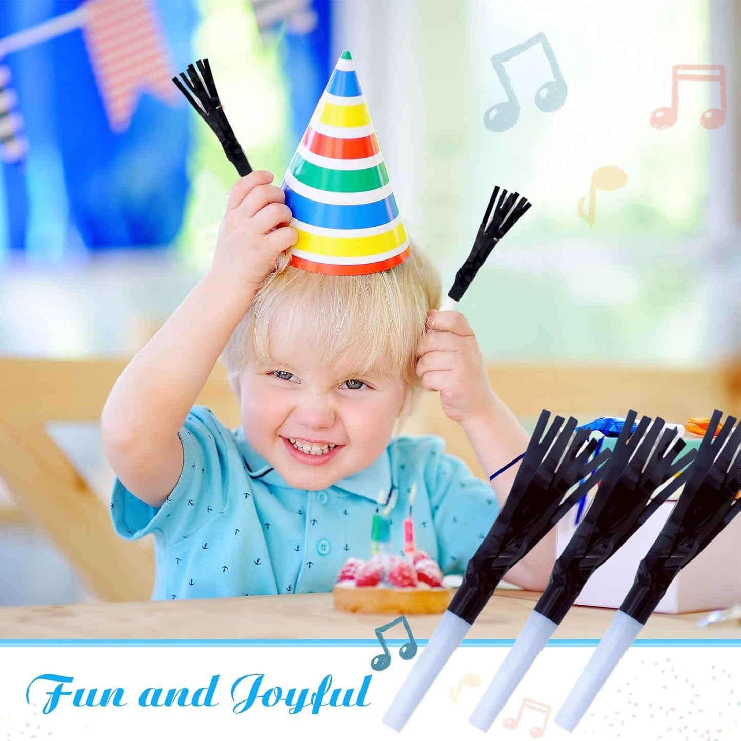 Party Blowers Metallic Fringed Noise Makers, 48 Pcs, Black, for Baby Shower, Kids Birthday, New Year Party