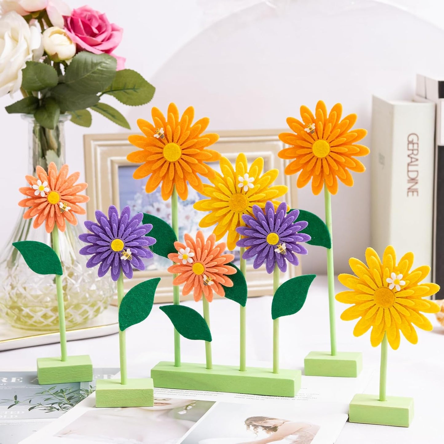 8 PCS Daisy Felt Centerpieces for Tables Flower Party Decorations Daisy Birthday Decorations Yellow Orange Purple Fall Decorations for Home Girl Birthday Baby Shower Thanksgiving Autumn Decor