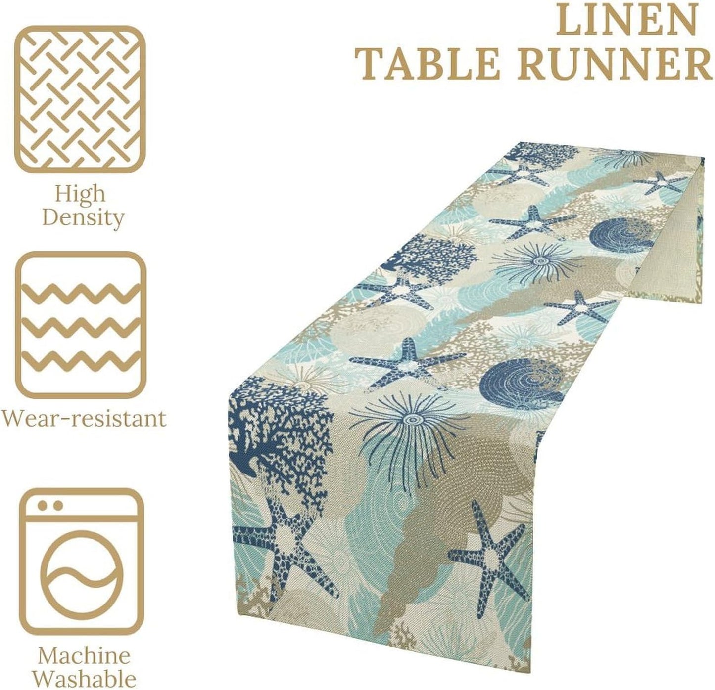 Nautical Coastal Table Runner，Ocean Themed Starfish Coral Conch Beach Kitchen Dinning Table Decoration for Indoor Outdoor Home Party Decor 13x108 Inch