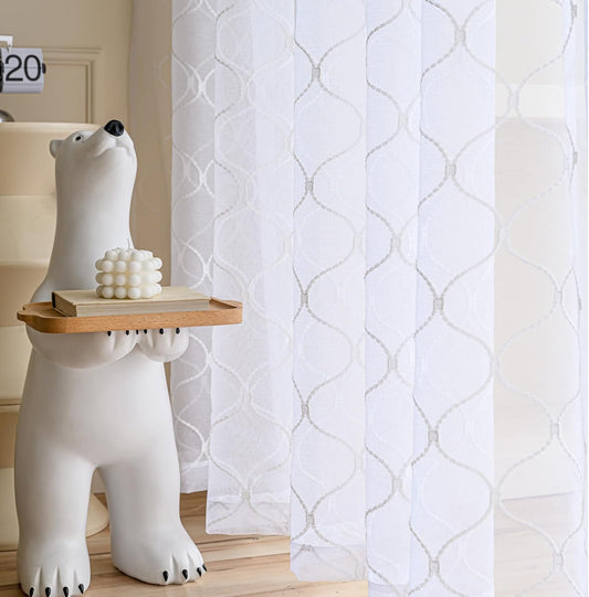 Embroidered Wave Diamond Sheer Curtains White 95 Inches, Window Treatments Rod Pocket Drapes for Living room, Bedroom, Semi Voile Curtain Panels for Yard, Patio, Villa, Parlor, Set of 2, 52"x95".