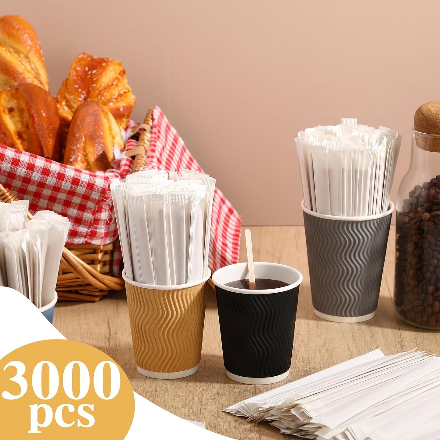 3000 Pcs Individually Wrapped Wooden Coffee Stirrers, Disposable Coffee Stir Sticks Round End Sticks Bulk Wood Stirrers for Cocktail Hot Drinks Restaurant Bar Home Office (5.5 Inch)