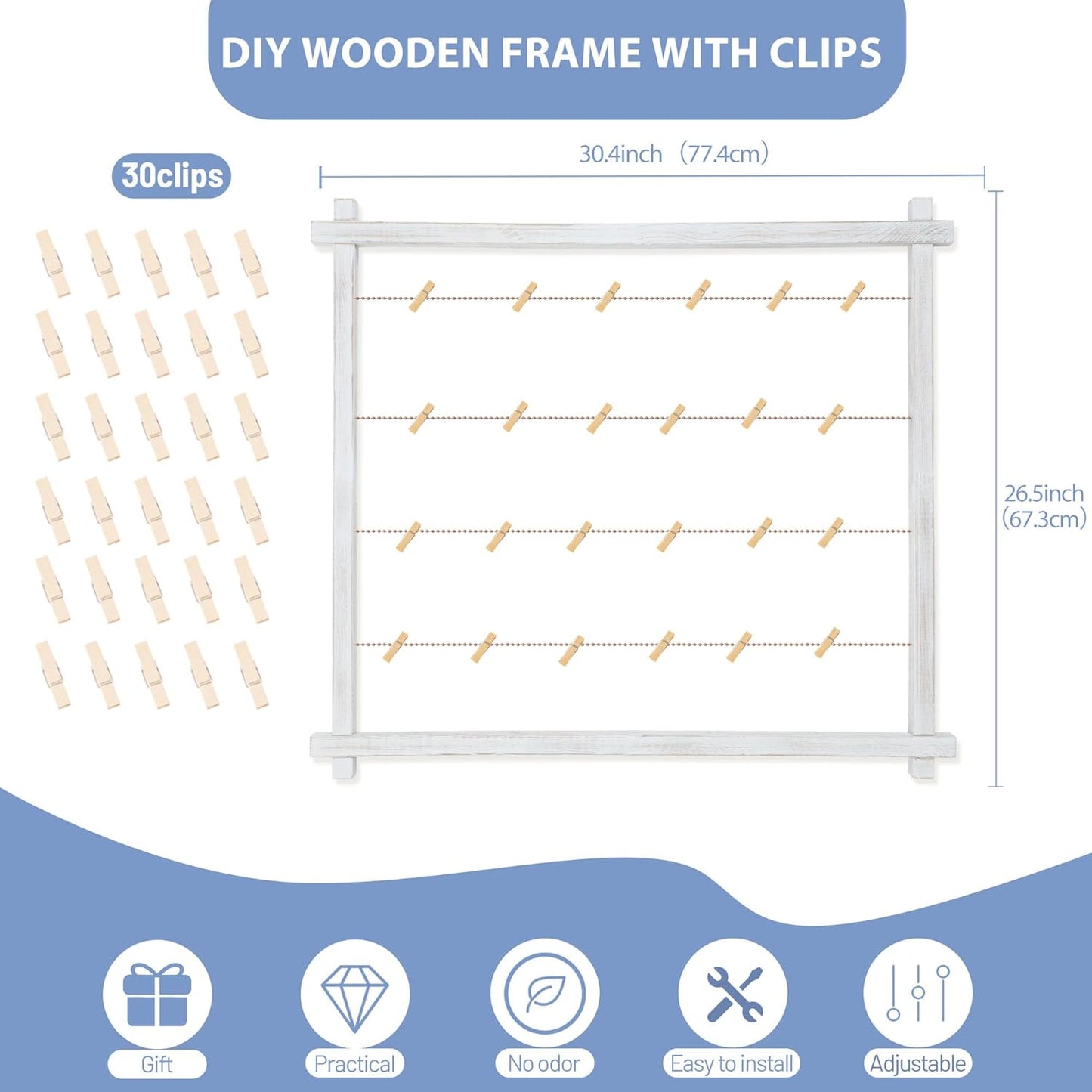 Collage Picture Frame,Photo Display Board,Hanging Pictures Frames with Clips for Graduation Birthday Party,Dorm Photo Card Wall Decor Hanger Holder,Upgraded,Easy To Assemble,Large(White）