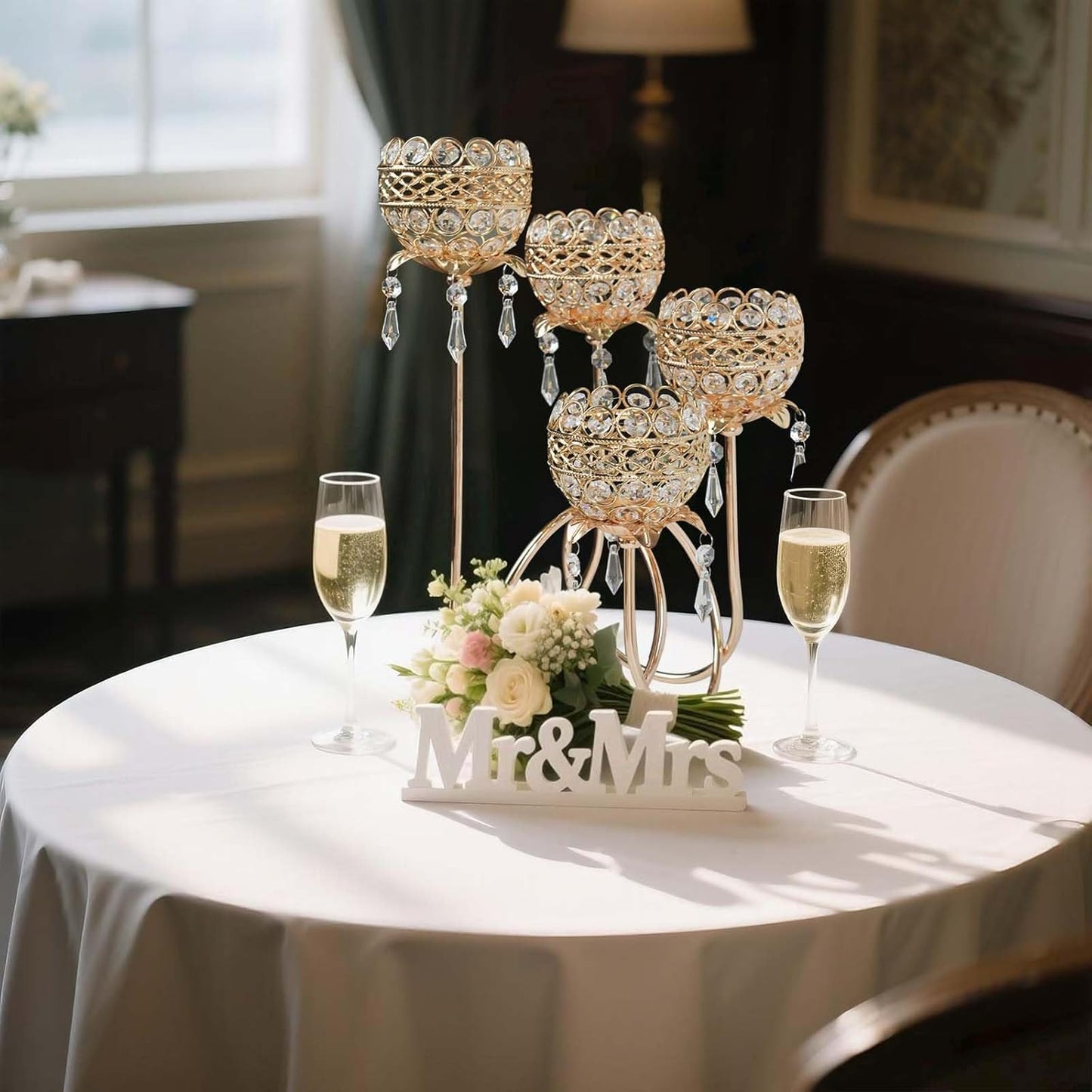 4 Arms Crystal Candelabra Tealight Holder - Tall 15.7 Inch Elegant Centerpiece with Crystal Pendant Bowls & Artistic Metal Stand for Wedding, Dining Table, Home Decor (2, Gold)