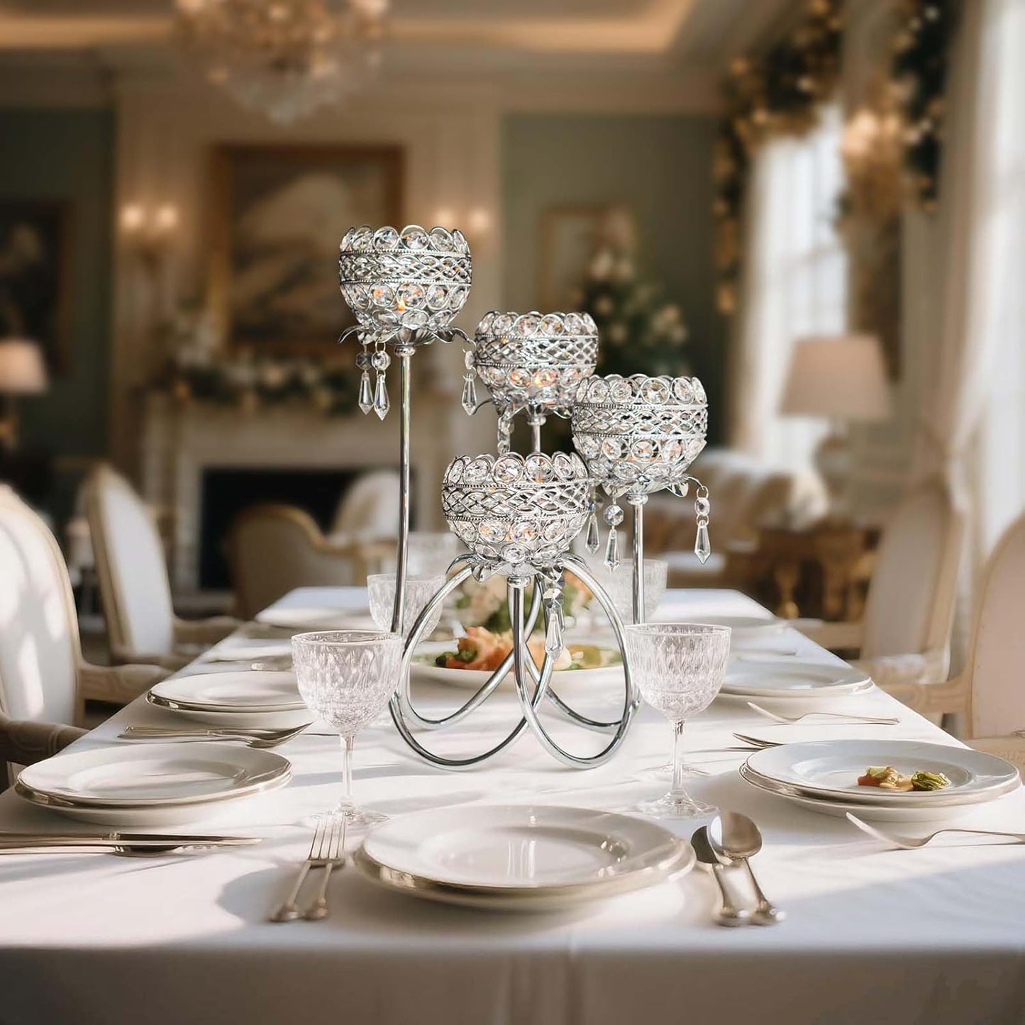 4 Arms Crystal Candelabra Tealight Holder - Tall 15.7 Inch Elegant Centerpiece with Crystal Pendant Bowls & Artistic Metal Stand for Wedding, Dining Table, Home Decor (4, Silver)