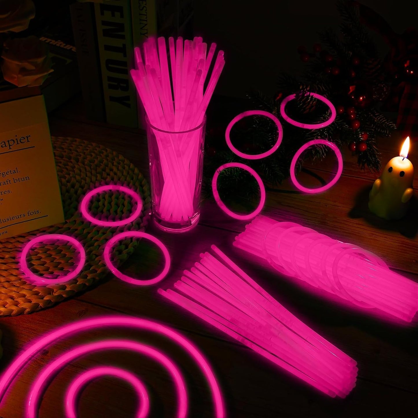 60 Pack 8” Pink Glow Sticks Bulk with 60 Connectors Neon Glow In The Dark Party favors Supplies for Holiday Birthday Party Decoration (Pink)