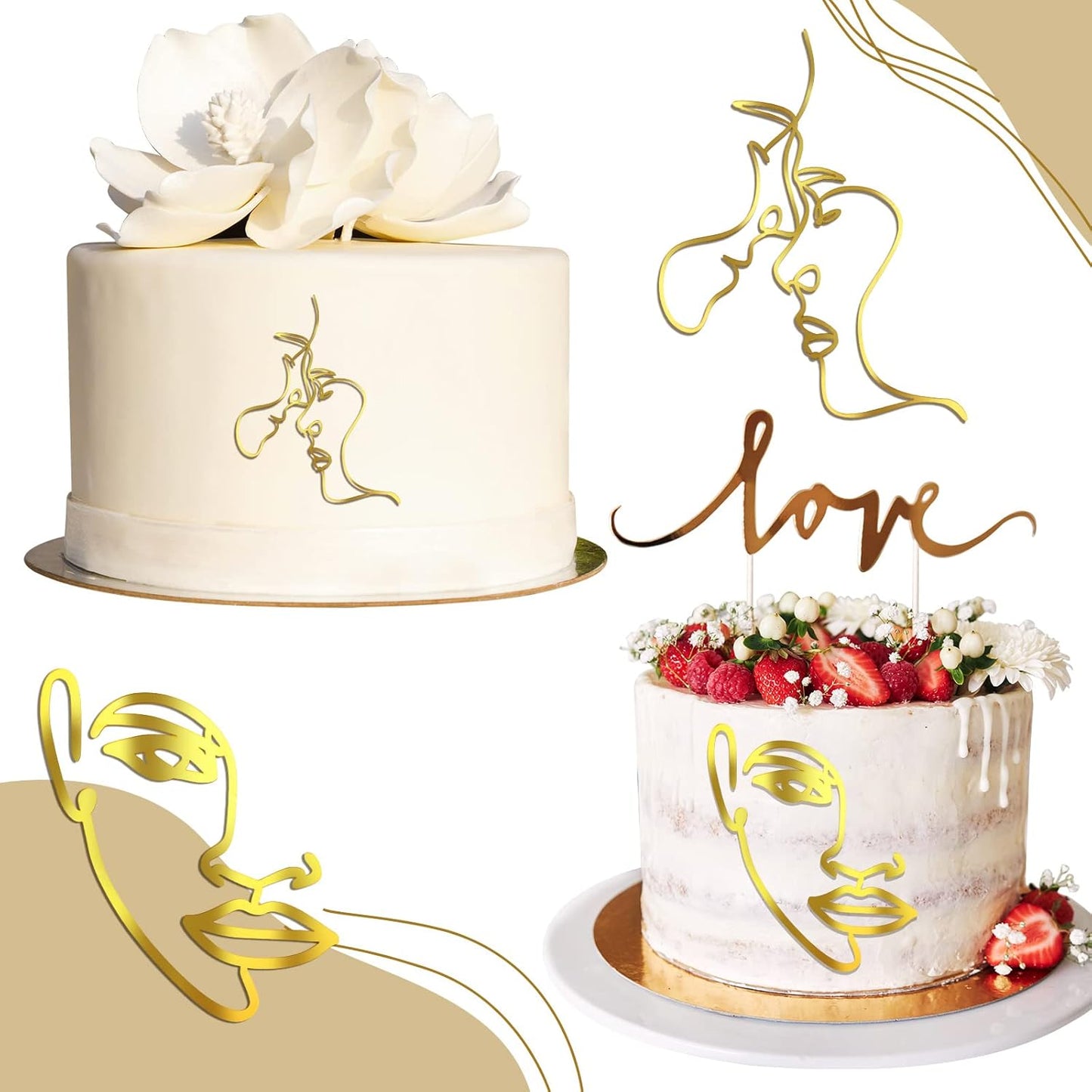 Kigley 22 Pcs Minimalist Art Lady Face Cake Topper Butterflies Cake Decoration Acrylic Wedding Birthday Boho Cake Toppers for Women Bridal Shower Party Supplies (Gold)