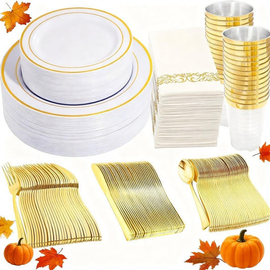 350 Pieces White and Gold Plastic Plates - 50 Guest Thanksgiving Dinnerware Set Include 100 Plates, 50 Plastic Silverware, 50 Napkins and 50 Cups for Thanksgiving
