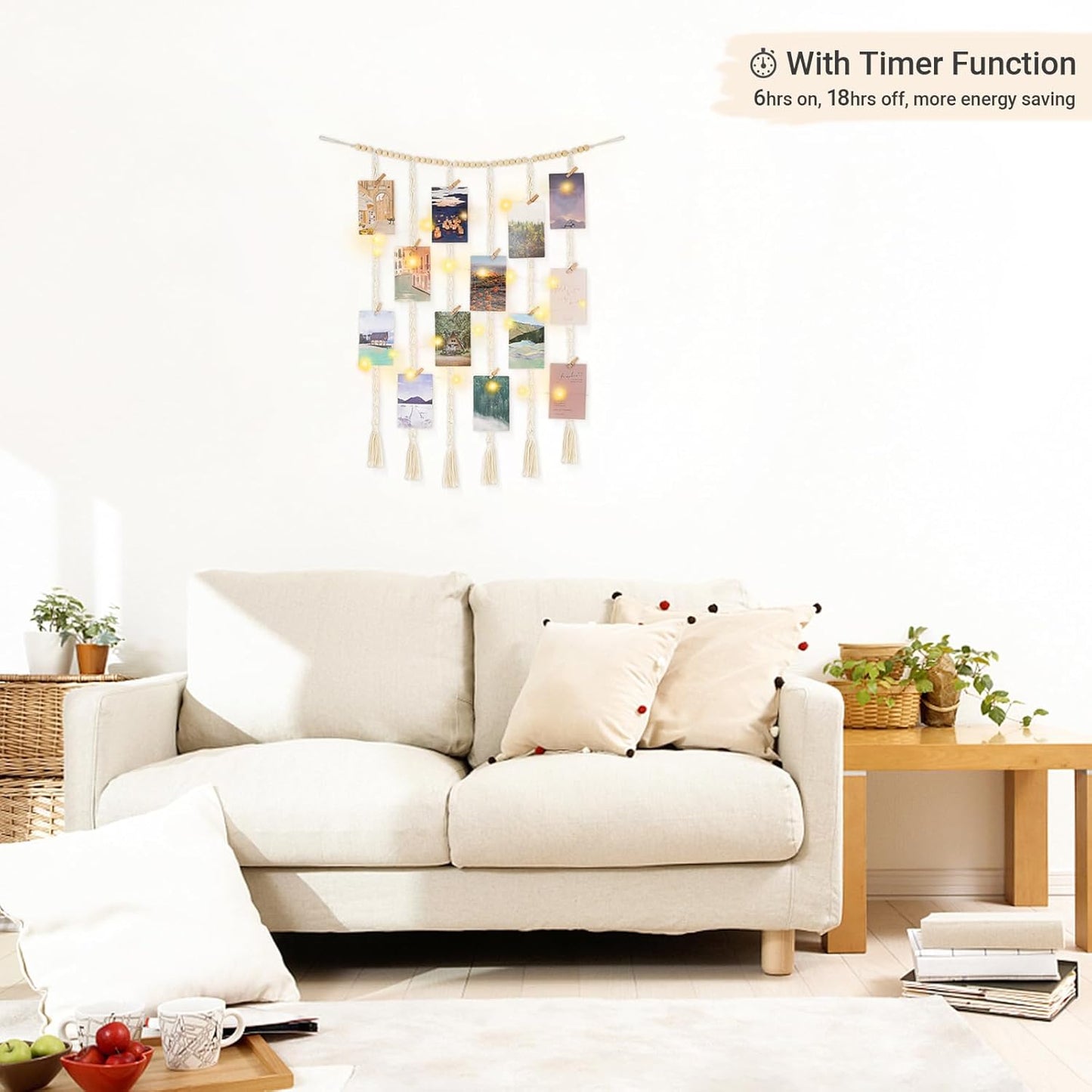 Mkono Macrame Hanging Photo Display Wall Decor with String Lights, Boho Wooden Beads Garland Collage Picture Card Frame Holder with 30 Clips for Bedroom Living Room Dorm, Teen Girls Christmas Gifts