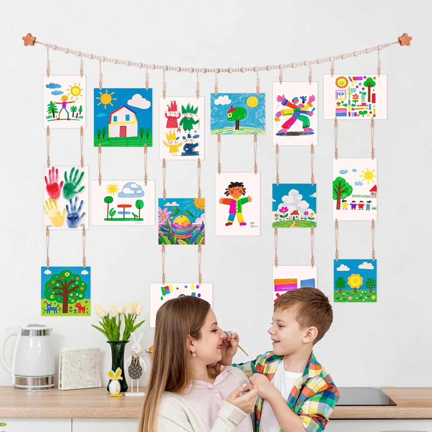 KOLLIEE Kids Artwork Display Art Wall Decor 4.93ft Boho Wooden Beaded Garland Collage Holder with Hanging Rings Wooden Stars Hook 40 Wood Clips for Kids Artwork Photo Room Bedroom Decor