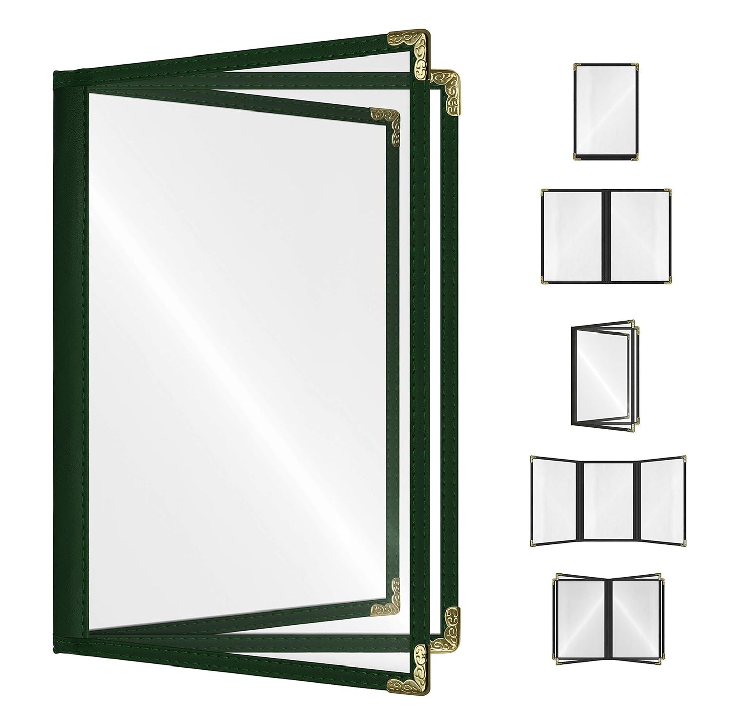 Goodsmart Restaurant Menu Covers – 25 Pack Green 6-View Booklet 5.5" x 8.5", Side-Loading Vinyl & Plastic Menu Holders, Clear Menu Sleeves, Leather-Style Café Covers with Gold Corners