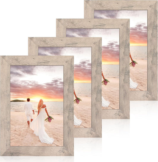 6x9 Picture Frame Set of 4, Smoke Gray Frame with High Definition Glass, 6 x 9 Wood Rustic Photo Frames for Horizontal or Vertical Tabletop and Wall Mounting