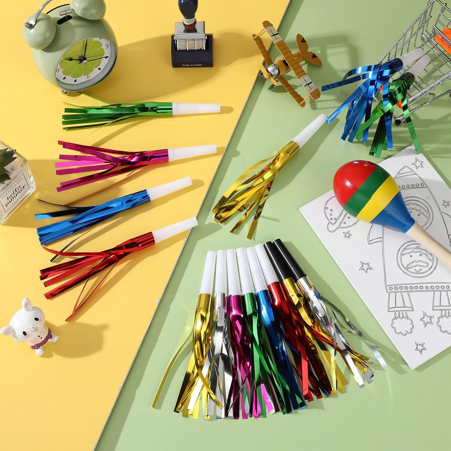 48 Pcs Silver Noise Makers Glitter Metallic Fringed Noise Makers Horns for Baby Shower, Kids Birthday, New Year Party Favor