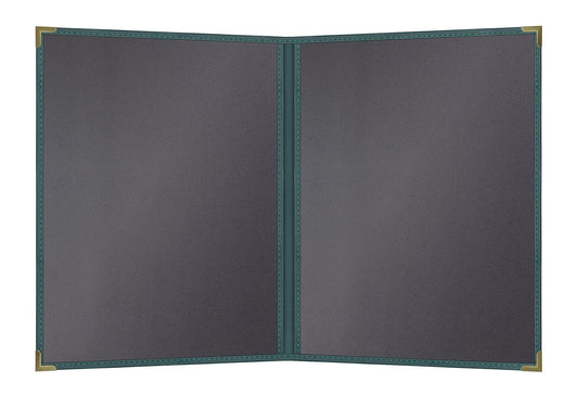 Goodsmart Pajco Style Restaurant Menu Covers – Pack of 10, Side-Loading Menu Holders, Single Stitched Edge, Clear Vinyl Menu Sleeves, Leatherette Trim, Gold Corners, Green, 2 View (8.5" x 11")