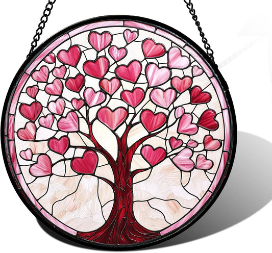 Stained Glass Window Hanging, Pink Love Heart Tree Suncatcher Hangings Beige Sun Catchers Decor for Birthday Holiday for Women, Men, Wife, Aunt, Mom 9.8IN