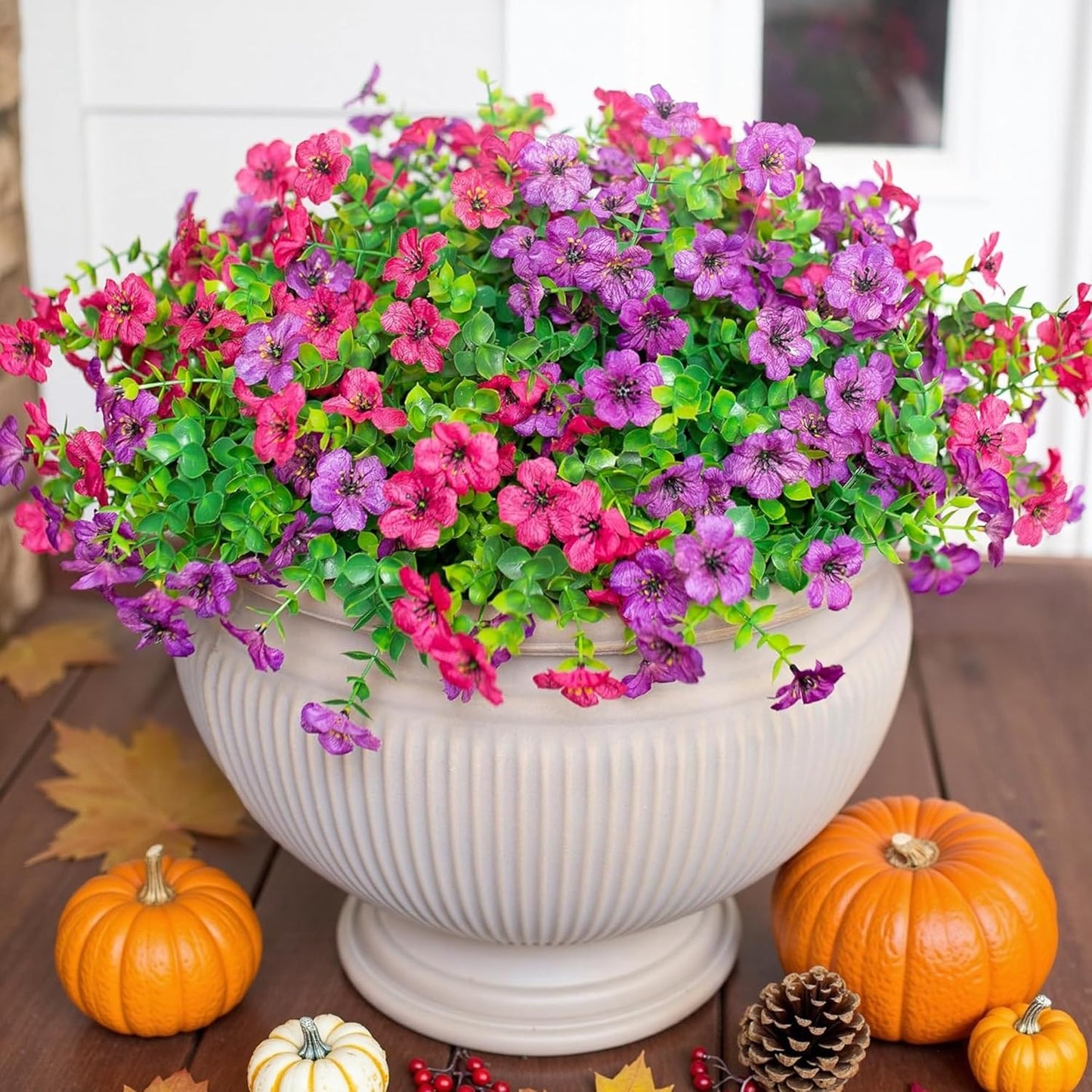 HyeFlora Artificial Flowers for Outdoor Indoor Garden Home Decoration, Faux Flower Daisy with Eucalyptus Leaves Fake Plants Greenery Boxwood Porch Patio, 12 Bundles (Purple Pink)