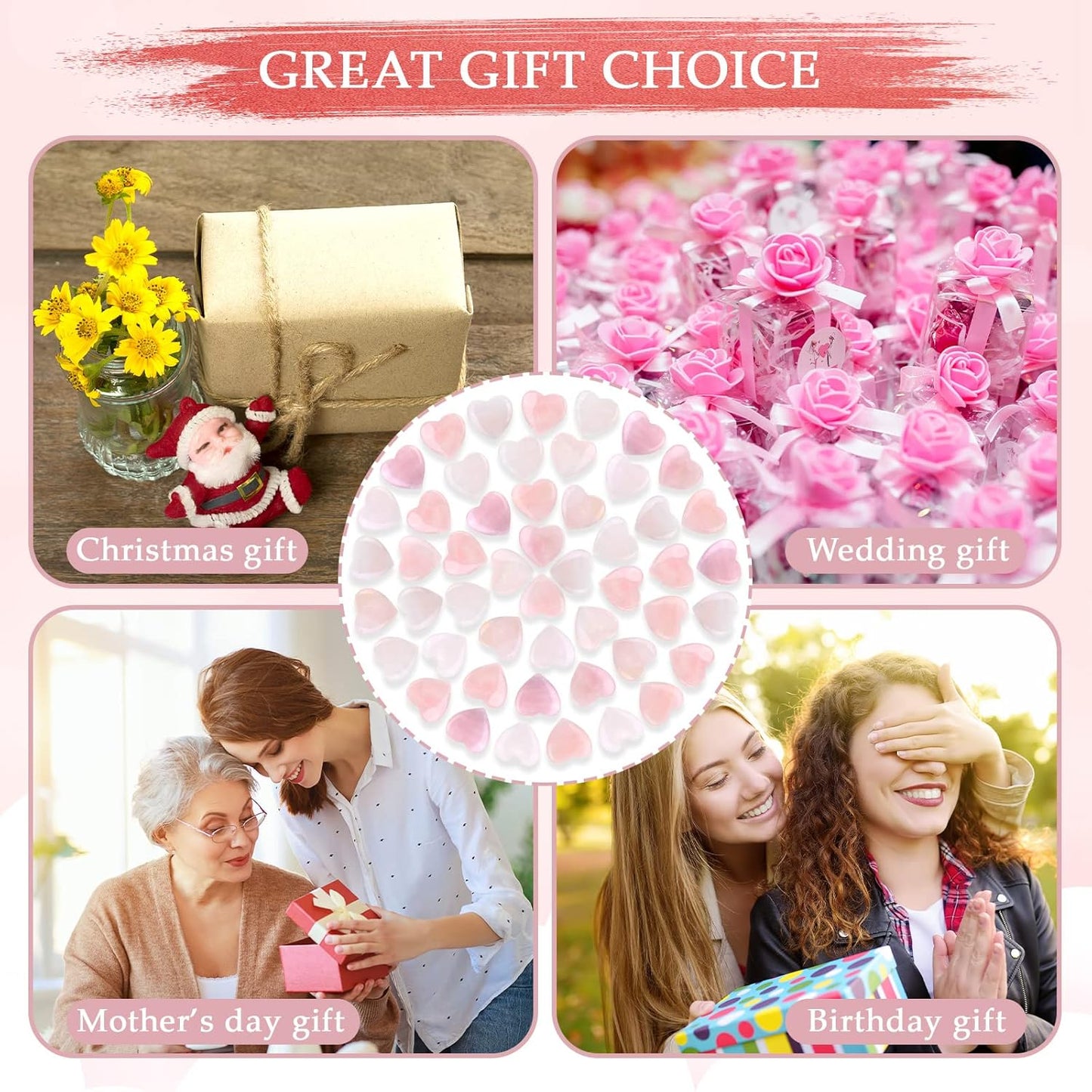 Gerrii 50 Pcs Heart Healing Stone Bulk Quartz Heart Inspirational Stones Gift for Women Love Pocket Polished Natural Energy Balancing Meditation 0.8 Inch(Rose Pink)