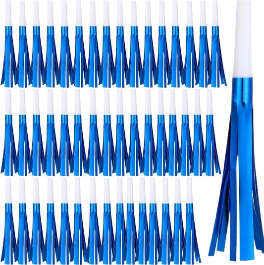 48 Pcs Noise Makers Glitter Metallic Fringed Noise Makers Horns for Baby Shower, Kids Birthday, New Year Party Favor - White Blue