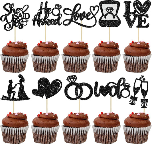 Ephlyn 30Pcs He Asked She Said Yes Cupcake Toppers Glitter Engagement Cupcake Toppers Diamond Ring Heart Love I Do Cupcake Picks for Engagement Wedding Party Cake Decorations Black