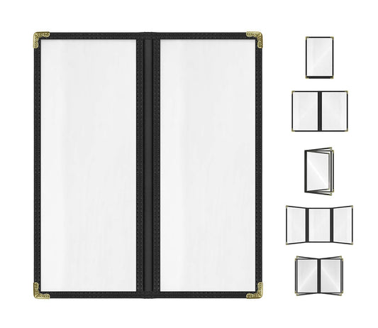 Goodsmart Restaurant Menu Covers - 25 Pack Black 2-Page/4-View 4.25" x 11", Top-Loading Vinyl Menu Holders with Clear Sleeves, Double-Stitched Edge, Leather-Style Café Covers with Gold Corners