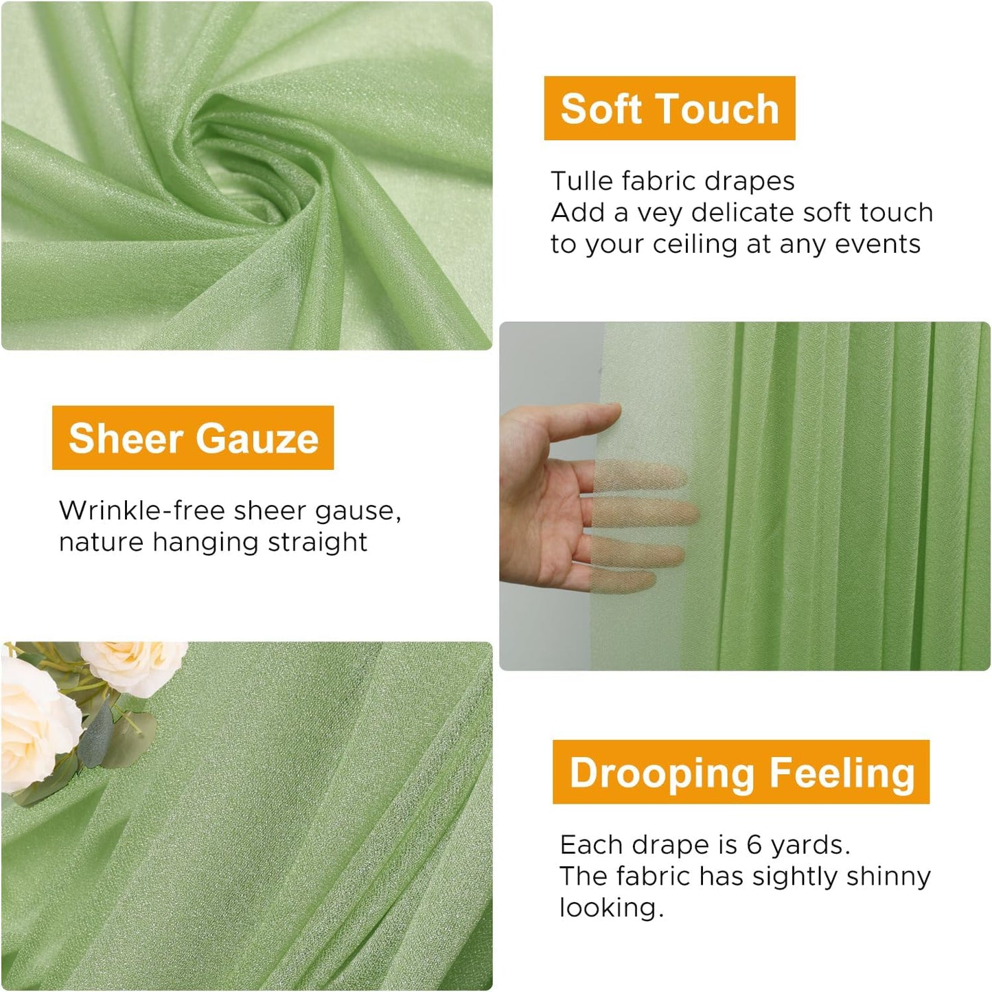 Wedding Arch Draping Fabric 3 Panels 28.7" x 20FT Sage Green Sheer Chiffon Backdrop Drapes for Wedding Ceremony Birthday Party Bridal Shower Outdoor Decoration