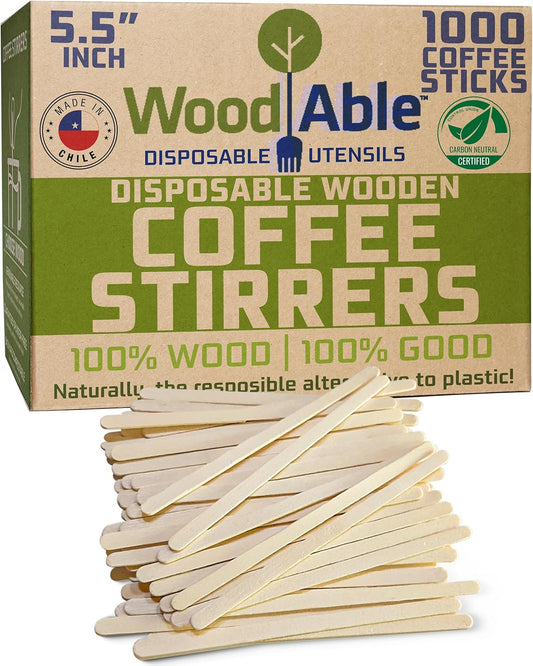 5.5 Inch Wooden Coffee Stirrers, 1000 Count, Disposable & Compostable Wood Coffee Stick Stirrers | Eco-Friendly, Sustainable, Organic, Biodegradable, Vegan-Friendly Coffee Station Supplies