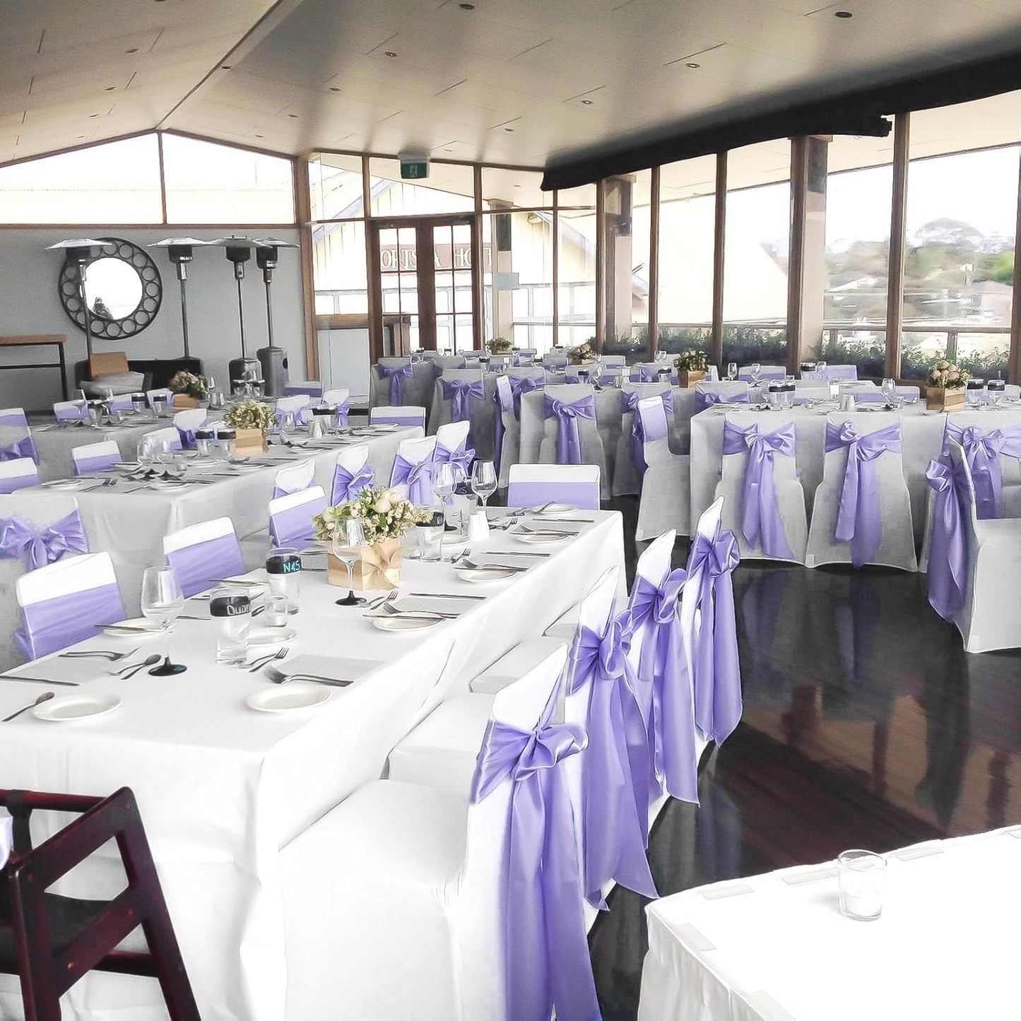 fani 120 PCS Lavender Purple Satin Chair Sashes Bows Universal Chair Cover for Wedding Reception Restaurant Event Decoration Banquet,Party,Hotel Event Decorations (7 x 108 inch)