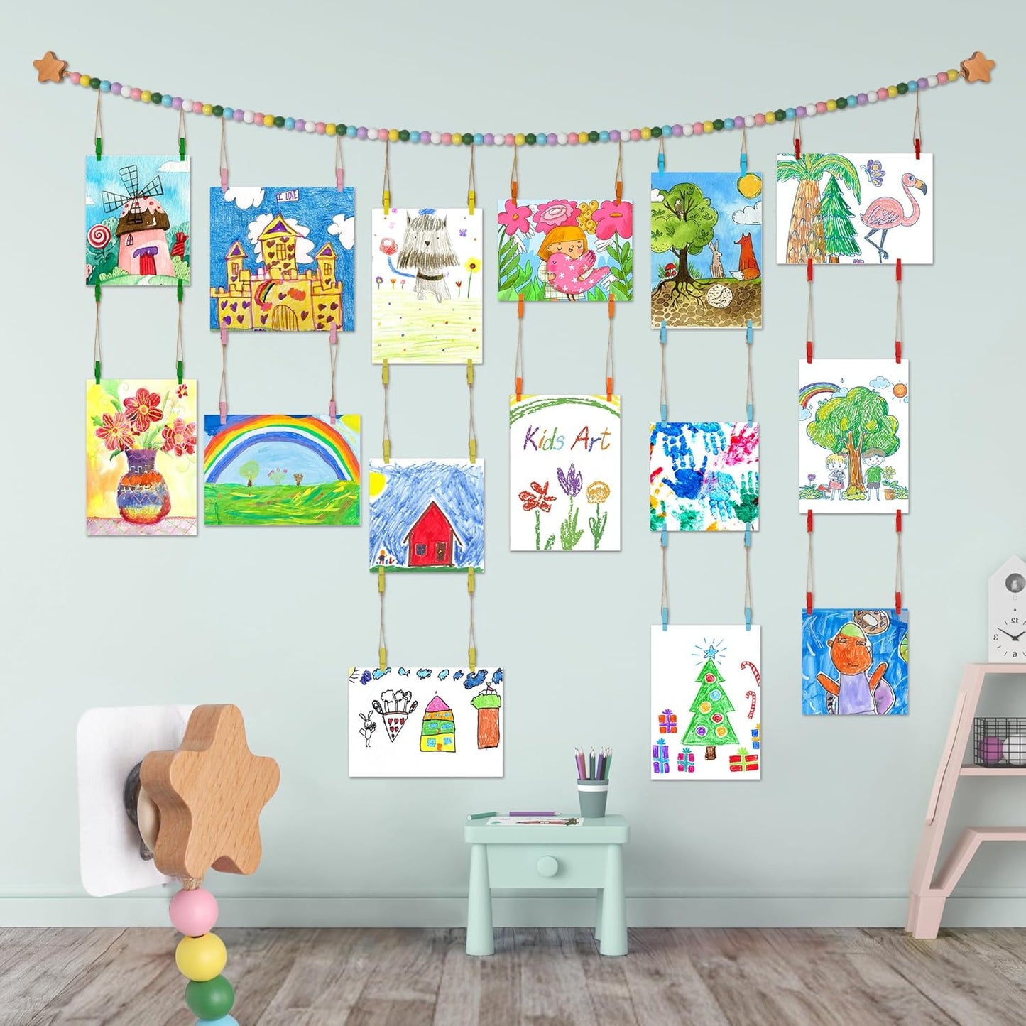 Kids Artwork Display Art Wall Decor 4.93ft Boho Wooden Beaded Garland Collage Holder with Hanging Rings Wooden Stars Hook 40 Wood Clips for Kids Artwork Photo Room Bedroom Decor Colorful