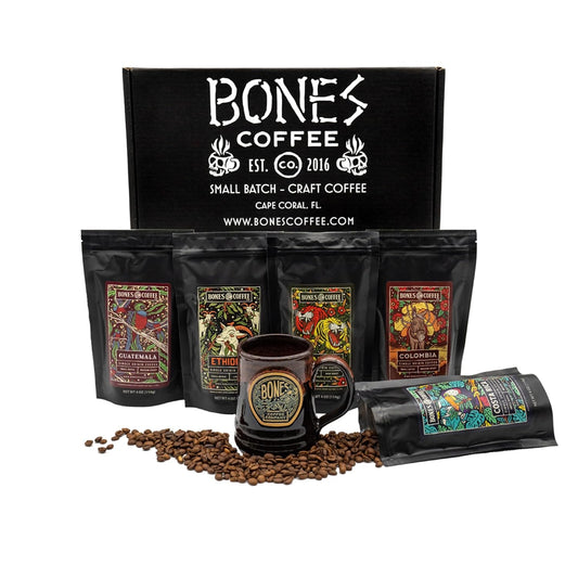 Bones Coffee Company NEW World Tour Sample Pack Box Set with Specialty Coffee Mug, 5 Assorted Single-Origin Low Acid Medium Roast Arabica Beans Flavored Coffee Gifts, 4 oz Pack of 5 Ground