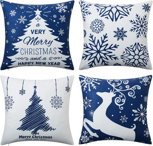 NANAN Christmas Pillow Covers 18X18 Inch Set of 4 Navy Blue Christmas Pillow Cases Snowflake Merry Christmas Holiday Pillowcases Xmas Trees Elk Deer Decorative