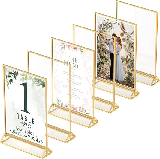 Gold Picture Frames Double-Sided, 6-Pack 8.5x11 Acrylic Table Number Holders, Clear Easel Stands for Signs, Gold Frames for Wedding Table Numbers, Menu Holders, and Photo Displays for Events and Décor