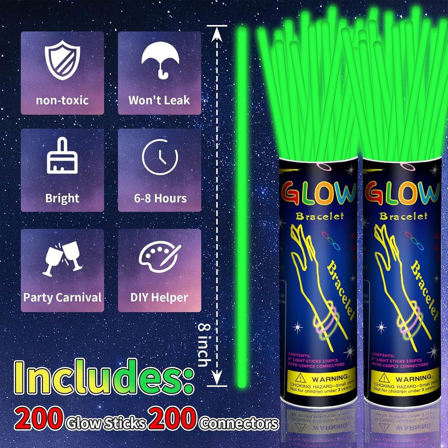 200 Pack 8'' Glow Sticks Bulk Party Favors Green Light Up Sticks with Connectors Neon Glow in the Dark Party Supplies Bracelets for Holiday Birthday Party Decoration(Green)