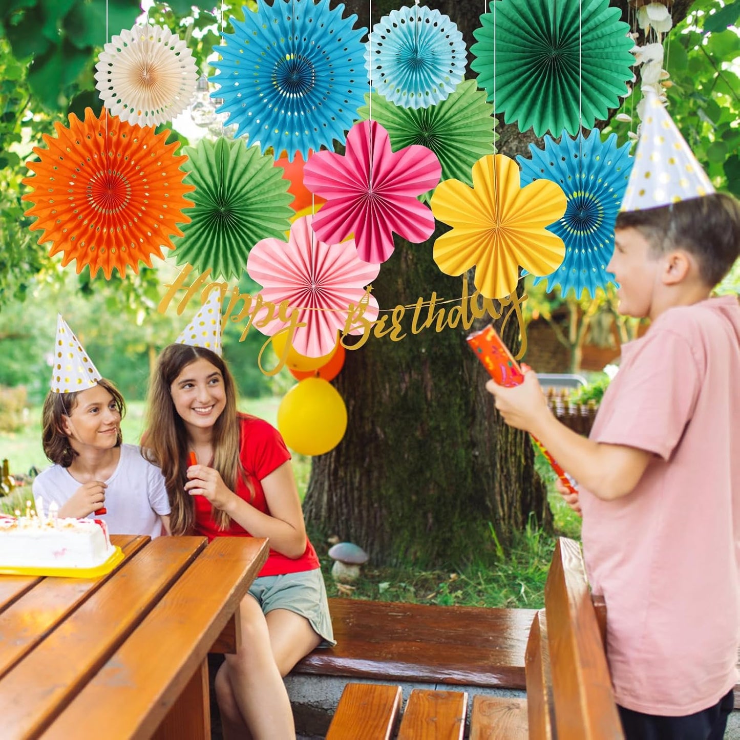Colorful Birthday Party Decoration Paper Flower Hanging Decoration for Wall Happy Birthday Banner Paper Fans Deco for Tropical Hawaii Luna Birthday Party