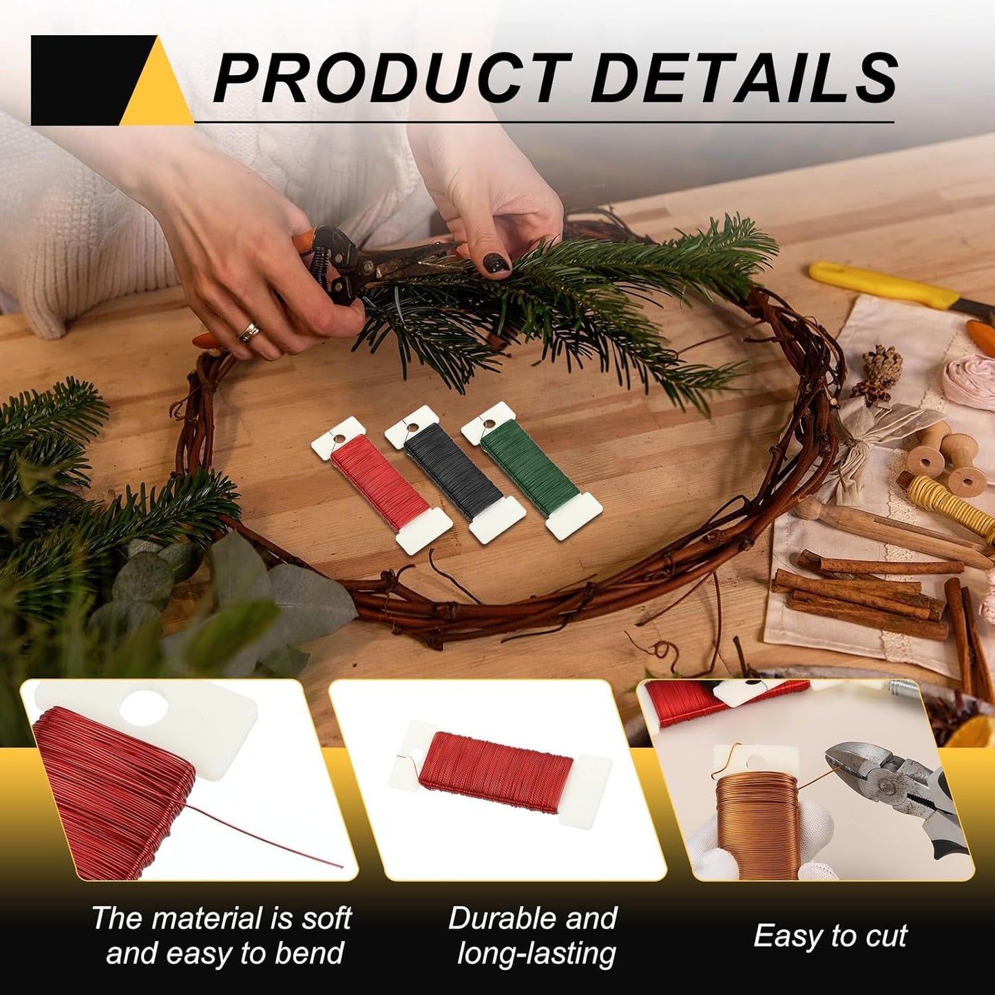 MECCANIXITY 114 Yards/345 Feet 27 Gauge Metal Floral Wire Red Flexible Paddle Thin Floral Wires for Craft, Christmas Wreath, Flower Arrangement, Wedding, Total 3 Roll