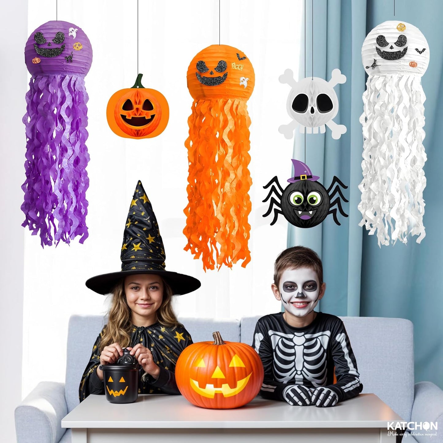 KatchOn, Halloween Paper Lanterns & Honeycomb Set – Pack 6 | Hanging Halloween Decorations Indoor, Outdoor | Paper Jack o Lantern Decor | Spooky Halloween Decorations