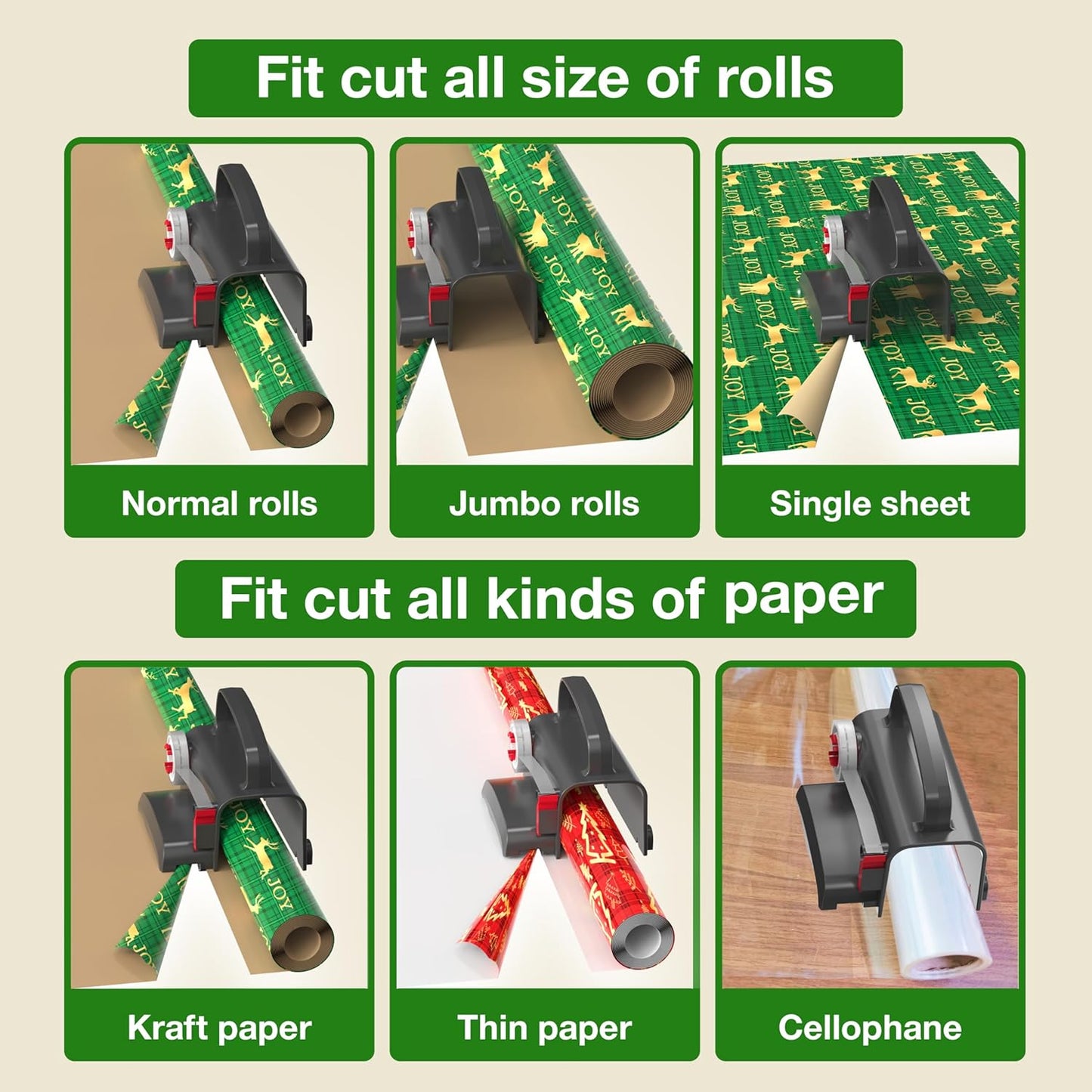 (2-Pack) Wheel Wrapping Paper Cutter & Tape Dispenser with 4 Tapes，2 Replace Blades Kit for Christmas Gift Wrap Cutter Tool Paper Roll Holder Tube Sliding Slicing for Birthday Holiday.