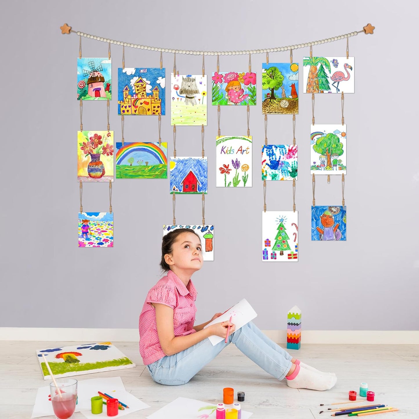 KOLLIEE Kids Artwork Display Art Wall Decor 4.93ft Boho Wooden Beaded Garland Collage Holder with Hanging Rings Stars Hook 40 Wood Clips for Kids Artwork Photo Room Bedroom Decor(Big Wooden Beads)
