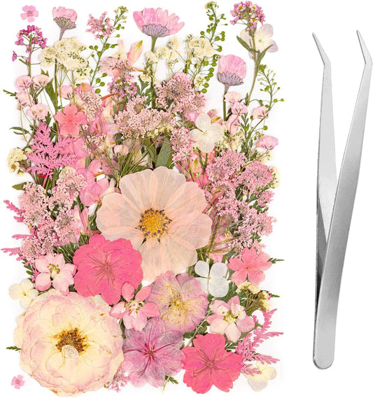 50pcs Pink Pressed Flowers Bulk, Romantic Dried Flower Leaves, Natural Pressed Dried Flowers with Tweezer for DIY Crafts Resin Mold Candles Cake Bridal Scrapbooking Supplies