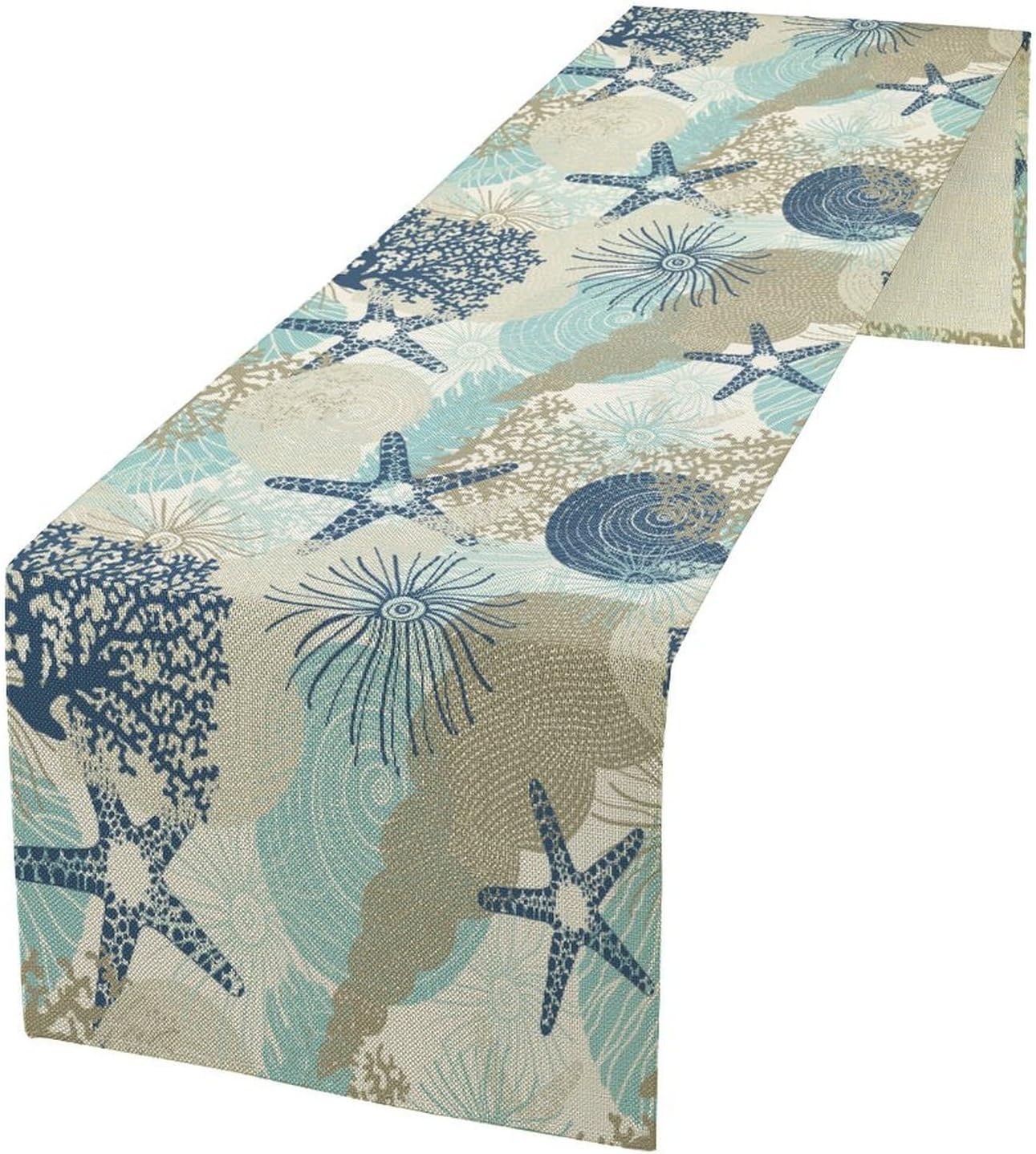 Nautical Coastal Table Runner，Ocean Themed Starfish Coral Conch Beach Kitchen Dinning Table Decoration for Indoor Outdoor Home Party Decor 13x108 Inch