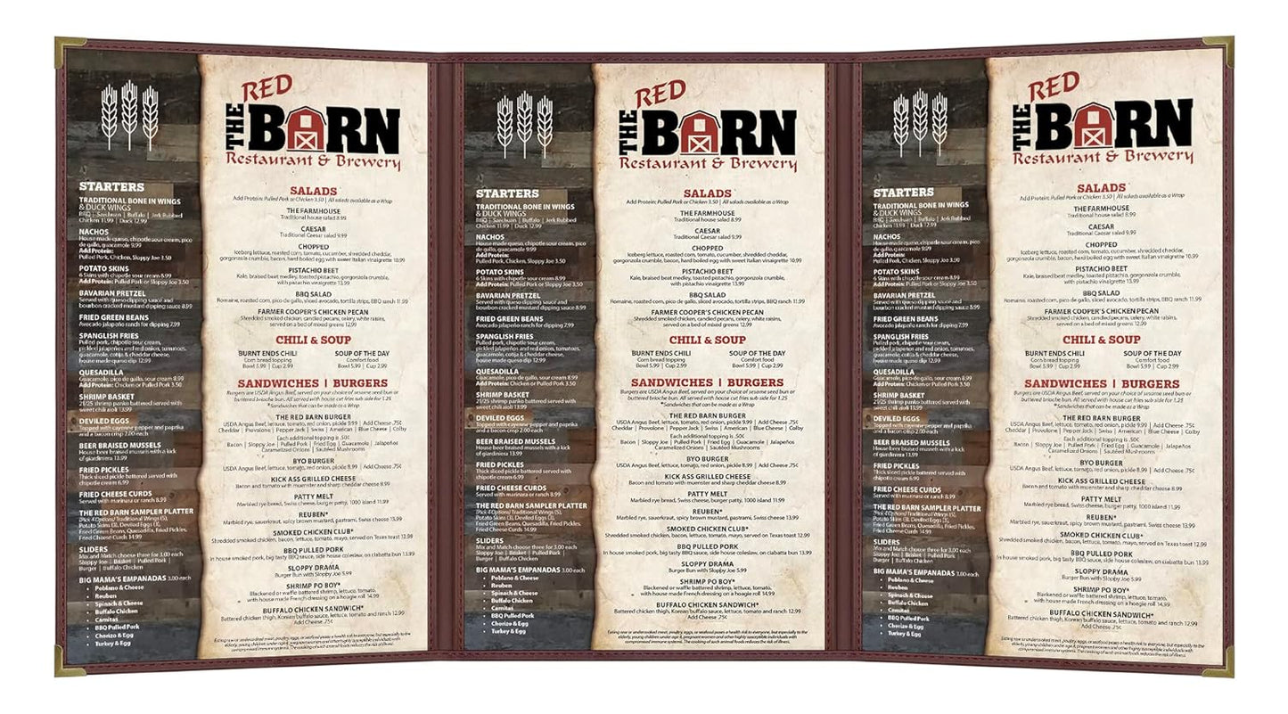 Goodsmart Pajco Style Restaurant Menu Covers – Pack of 10, Side-Load Fold-Out Menu Holders, Single Stitched Edge Clear Vinyl Menu Sleeves, Leatherette Trim Gold Corners, Burgundy, 3 View (8.5" x 14")