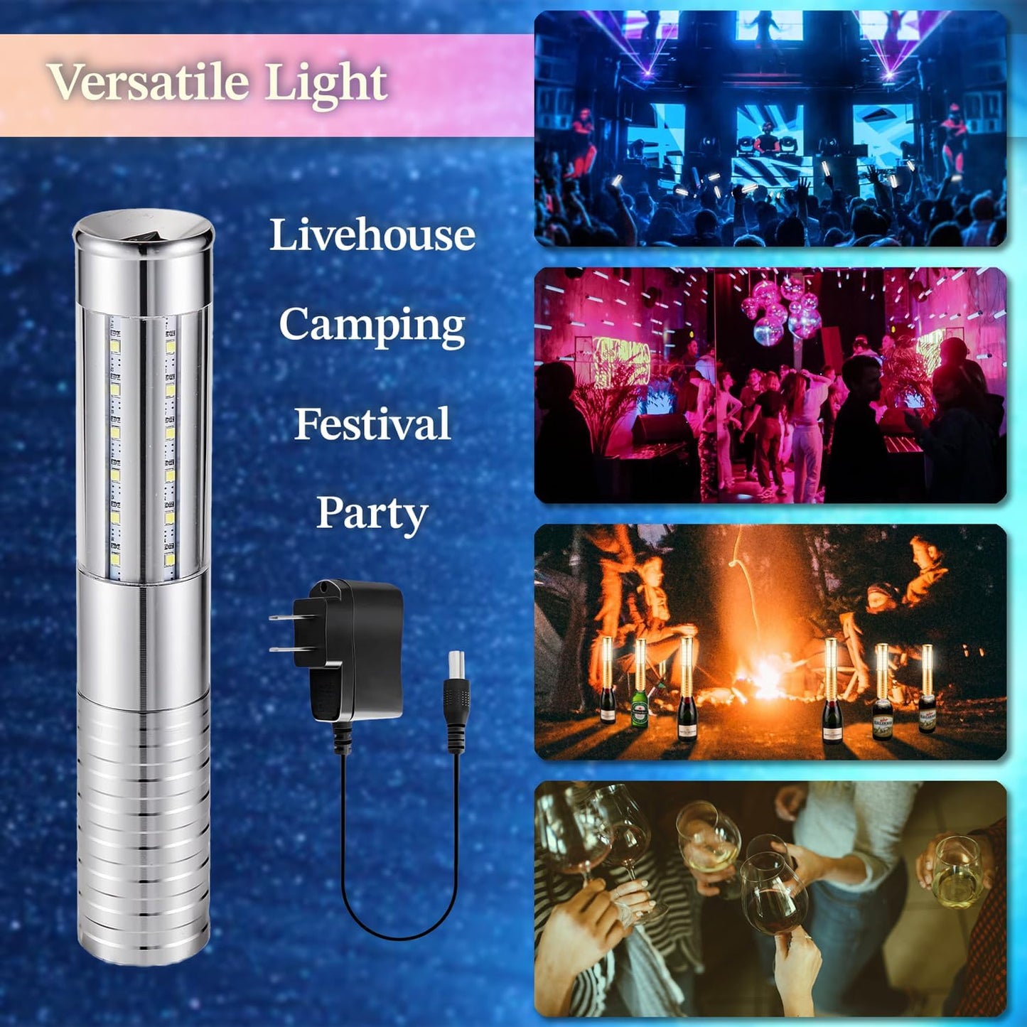 4 Packs Rechargeable LED Strobe Baton Lights Reusable Bottle Service Lights for Liquor Bottles Handheld Service Sparklers for Club Weddings Concert Outdoor Events (Silver-White Light, 4)