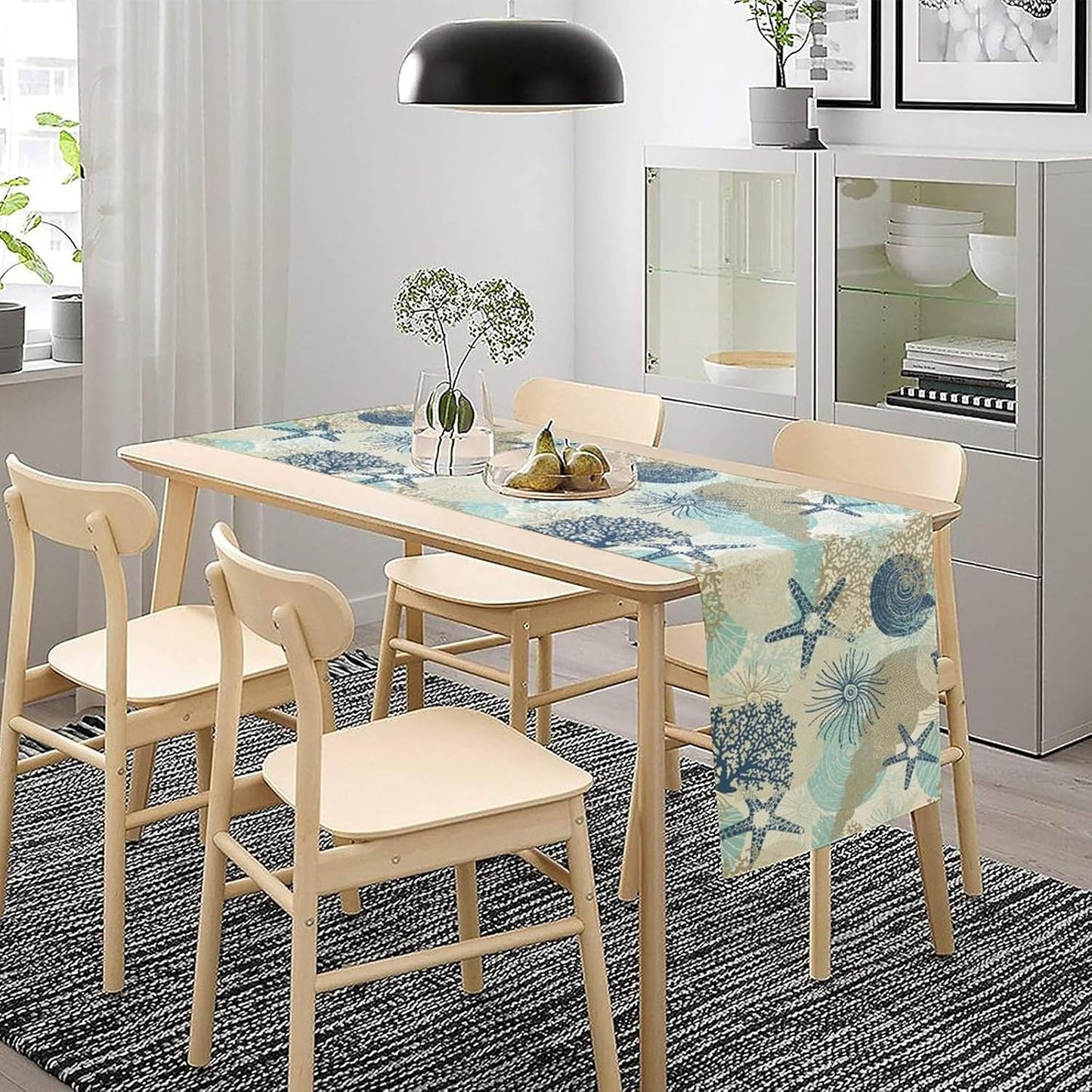 Nautical Coastal Table Runner，Ocean Themed Starfish Coral Conch Beach Kitchen Dinning Table Decoration for Indoor Outdoor Home Party Decor 13x108 Inch